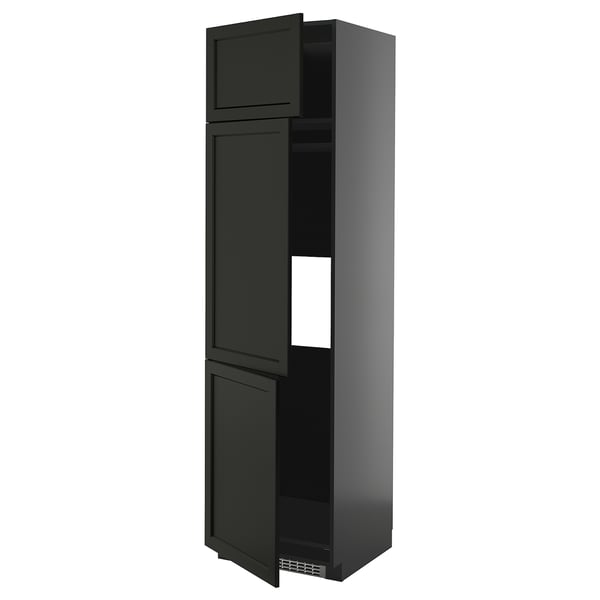 METOD high cab f fridge/freezer w 3 doors, black-grey/Lerhyttan black stained, 60x60x220 cm