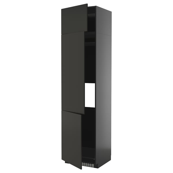 METOD high cab f fridge/freezer w 3 doors, black-grey/Nickebo matt anthracite, 60x60x240 cm
