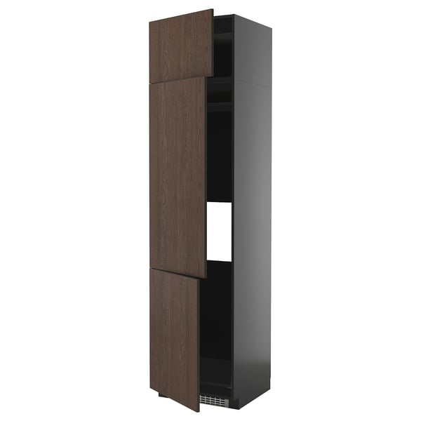 METOD high cab f fridge/freezer w 3 doors, black-grey/Sinarp brown, 60x60x240 cm