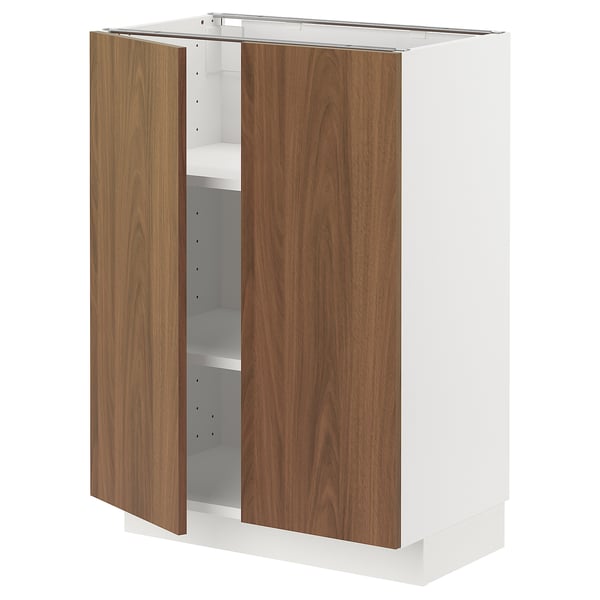 METOD base cabinet with shelves/2 doors, white/Tistorp brown walnut effect, 60x37 cm