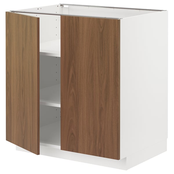 METOD base cabinet with shelves/2 doors, white/Tistorp brown walnut effect, 80x60 cm