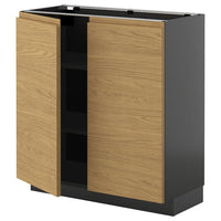 METOD base cabinet with shelves/2 doors, black-grey/Voxtorp oak effect, 80x37 cm