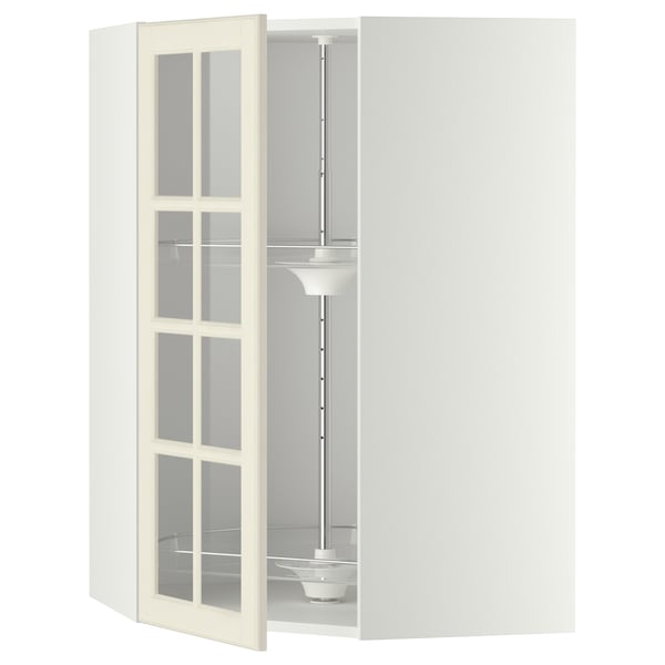 METOD corner wall cab w carousel/glass dr, white/Bodbyn off-white, 68x100 cm