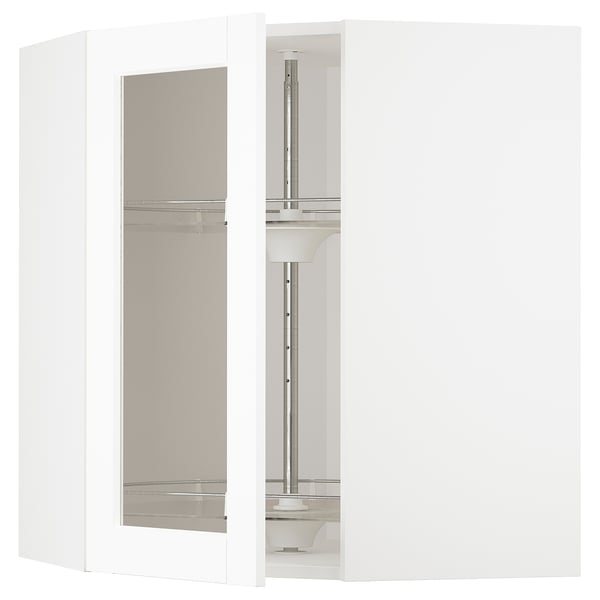 METOD corner wall cab w carousel/glass dr, white Enköping/white wood effect, 68x80 cm
