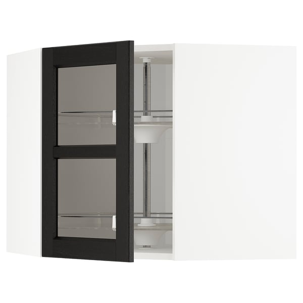 METOD corner wall cab w carousel/glass dr, white/Lerhyttan black stained, 68x60 cm