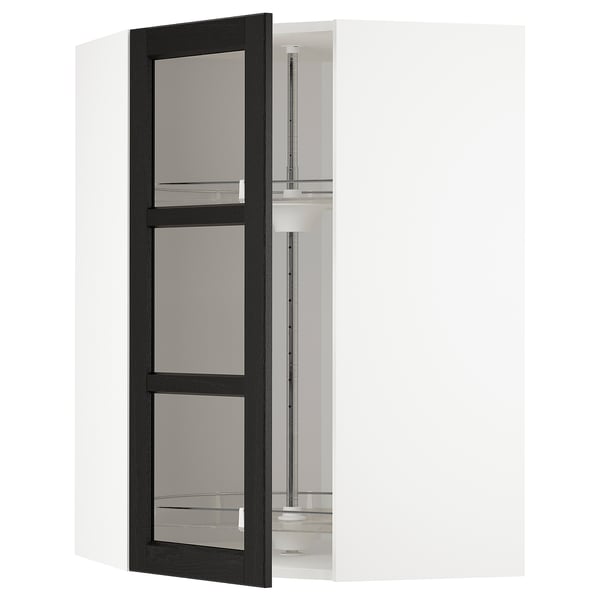 METOD corner wall cab w carousel/glass dr, white/Lerhyttan black stained, 68x100 cm