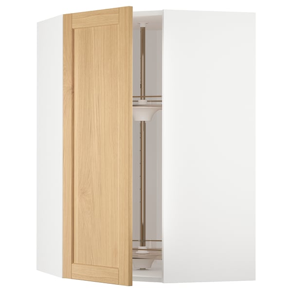 METOD corner wall cabinet with carousel, white/Forsbacka oak, 68x100 cm