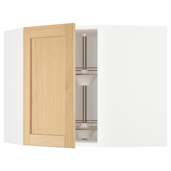 METOD corner wall cabinet with carousel, white/Forsbacka oak, 68x60 cm