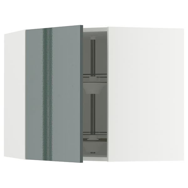 METOD corner wall cabinet with carousel, white/Kallarp high-gloss dark grey-green, 68x60 cm