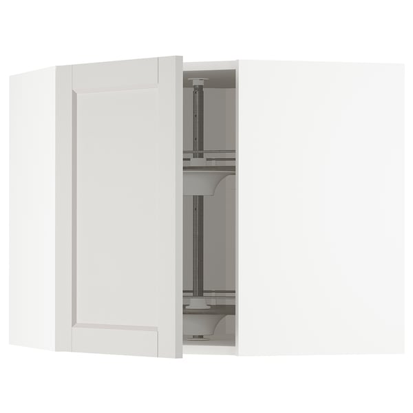 METOD corner wall cabinet with carousel, white/Lerhyttan light grey, 68x60 cm