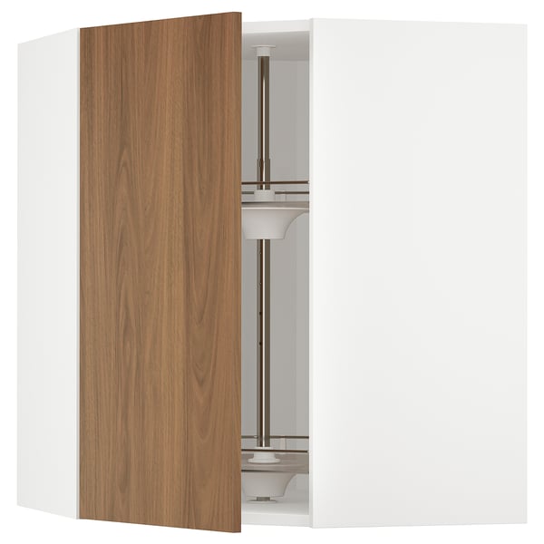 METOD corner wall cabinet with carousel, white/Tistorp brown walnut effect, 68x80 cm
