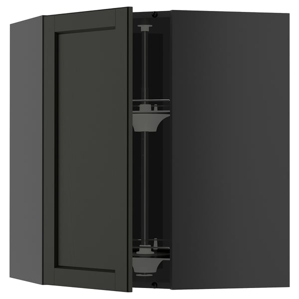 METOD corner wall cabinet with carousel, black-grey/Lerhyttan black stained, 68x80 cm