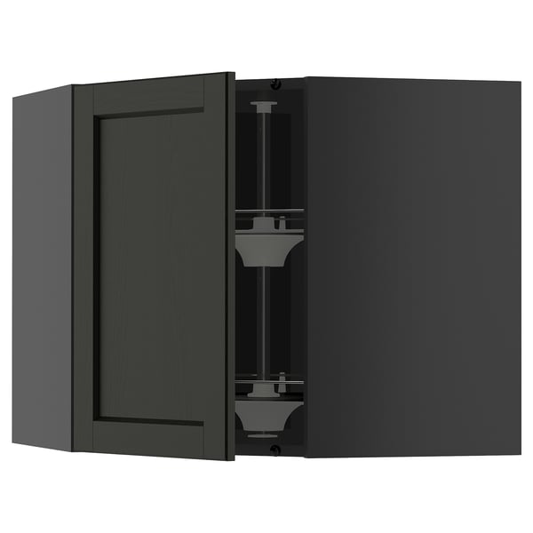 METOD corner wall cabinet with carousel, black-grey/Lerhyttan black stained, 68x60 cm