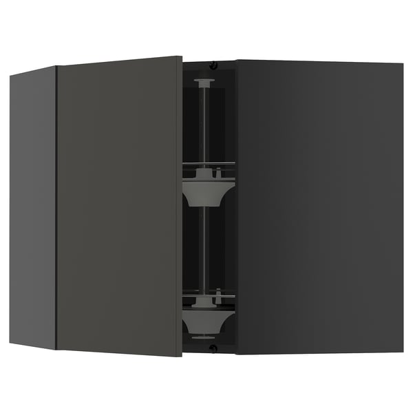 METOD corner wall cabinet with carousel, black-grey/Nickebo matt anthracite, 68x60 cm