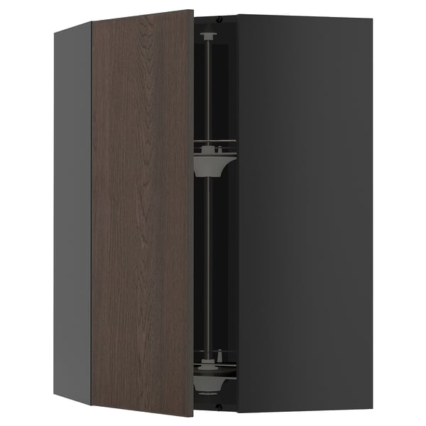 METOD corner wall cabinet with carousel, black-grey/Sinarp brown, 68x100 cm