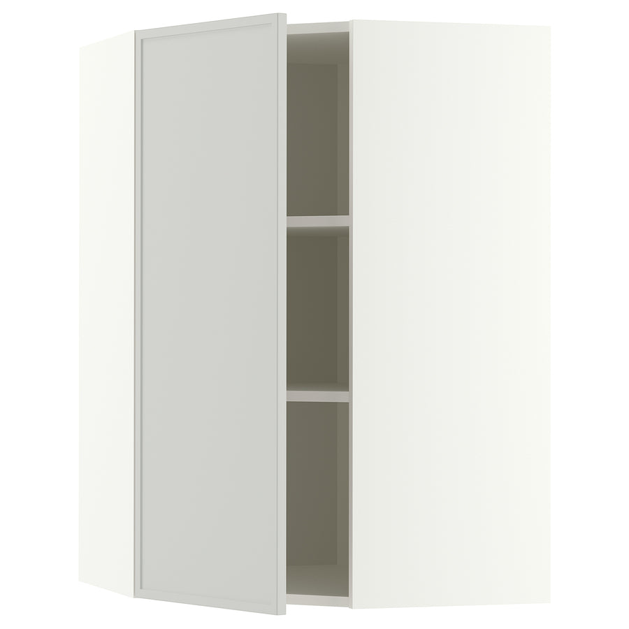 METOD corner wall cabinet with shelves, white/Aspudden light grey, 68x100 cm