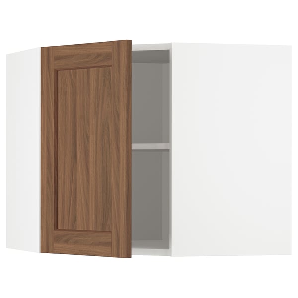 METOD corner wall cabinet with shelves, white Enköping/brown walnut effect, 68x60 cm