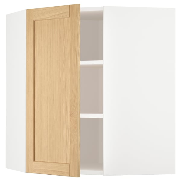 METOD corner wall cabinet with shelves, white/Forsbacka oak, 68x80 cm