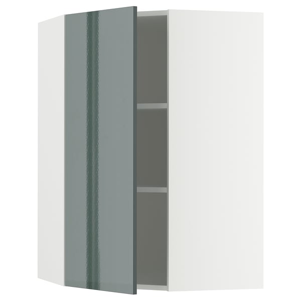 METOD corner wall cabinet with shelves, white/Kallarp high-gloss dark grey-green, 68x100 cm