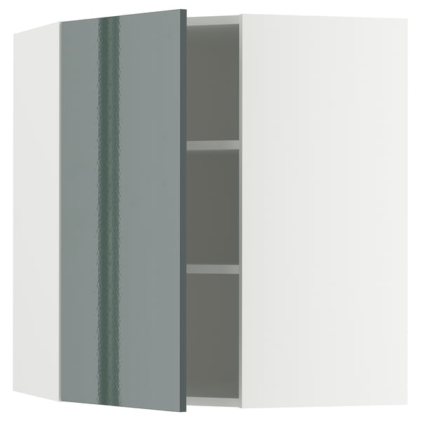 METOD corner wall cabinet with shelves, white/Kallarp high-gloss dark grey-green, 68x80 cm