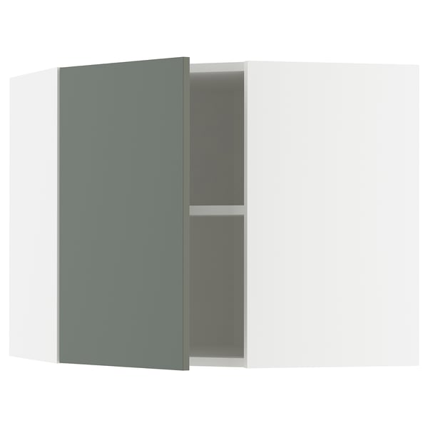 METOD corner wall cabinet with shelves, white/Nickebo matt grey-green, 68x60 cm