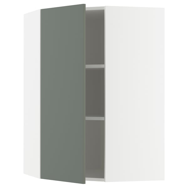 METOD corner wall cabinet with shelves, white/Nickebo matt grey-green, 68x100 cm