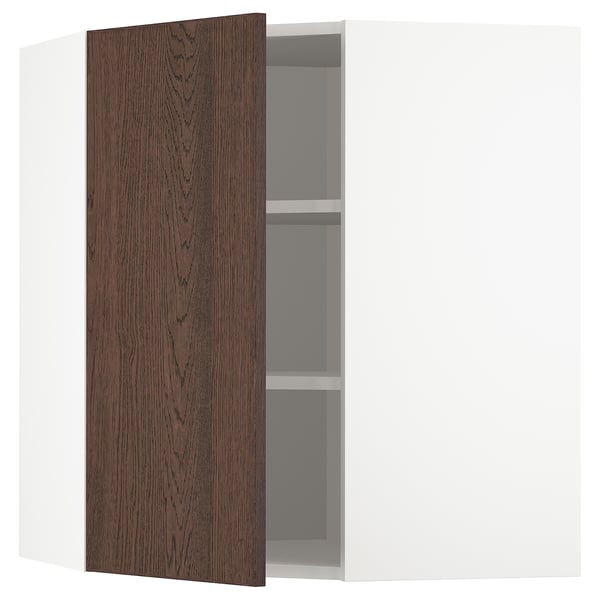 METOD corner wall cabinet with shelves, white/Sinarp brown, 68x80 cm