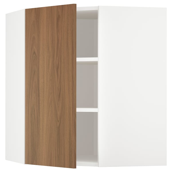 METOD corner wall cabinet with shelves, white/Tistorp brown walnut effect, 68x80 cm