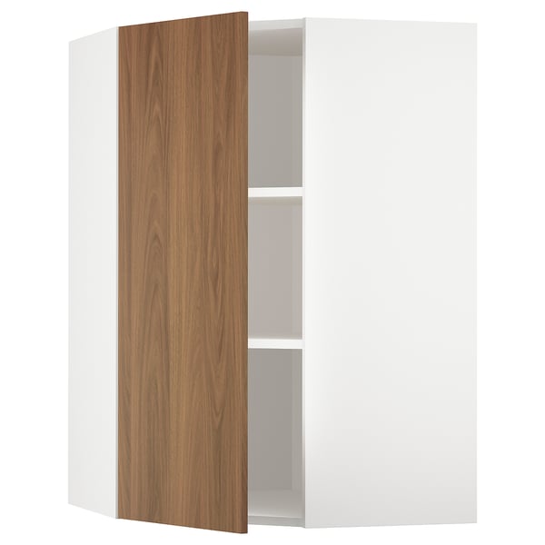 METOD corner wall cabinet with shelves, white/Tistorp brown walnut effect, 68x100 cm