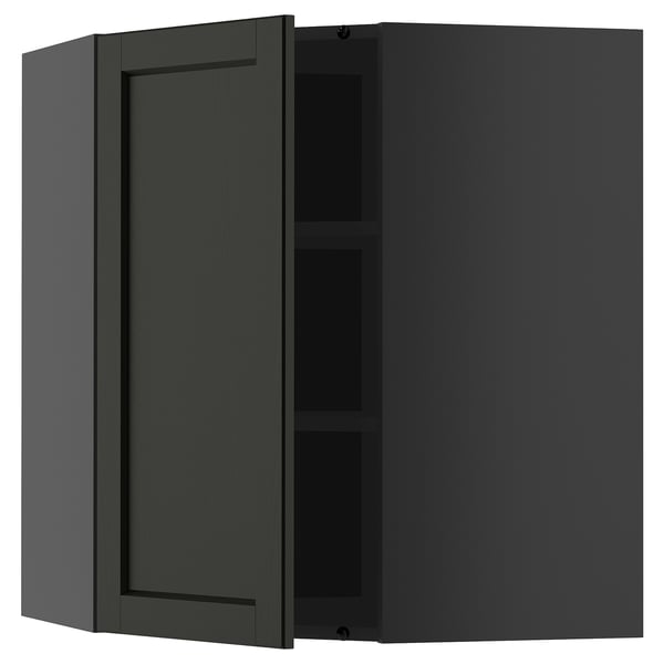 METOD corner wall cabinet with shelves, black-grey/Lerhyttan black stained, 68x80 cm