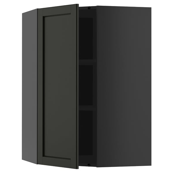 METOD corner wall cabinet with shelves, black-grey/Lerhyttan black stained, 68x100 cm