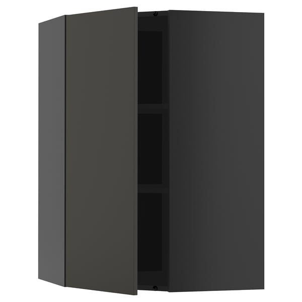 METOD corner wall cabinet with shelves, black-grey/Nickebo matt anthracite, 68x100 cm