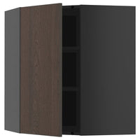 METOD corner wall cabinet with shelves, black-grey/Sinarp brown, 68x80 cm