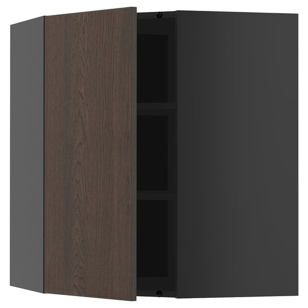 METOD corner wall cabinet with shelves, black-grey/Sinarp brown, 68x80 cm