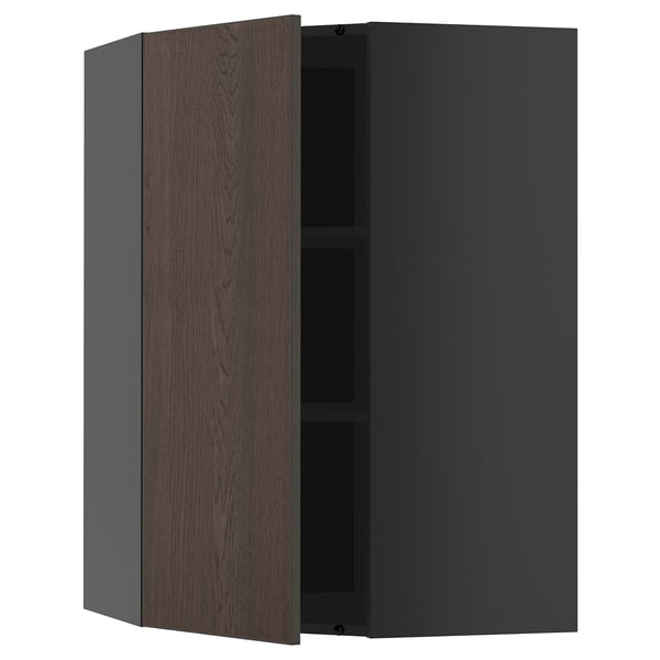 METOD corner wall cabinet with shelves, black-grey/Sinarp brown, 68x100 cm