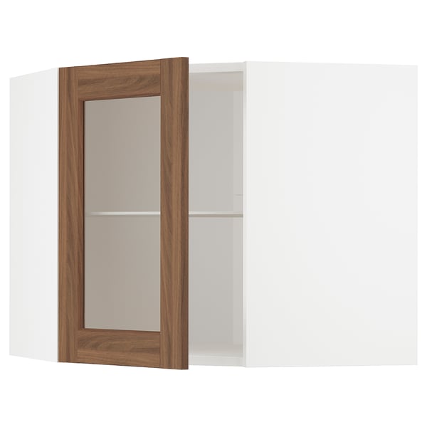 METOD corner wall cab w shelves/glass dr, white Enköping/brown walnut effect, 68x60 cm