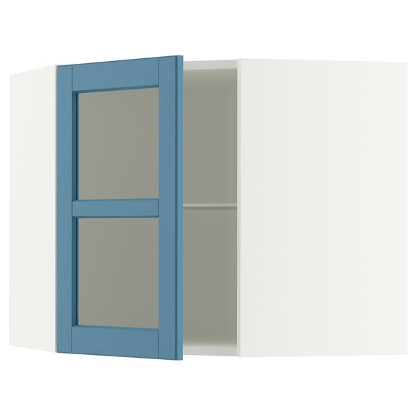 METOD corner wall cab w shelves/glass dr, white/Lerhyttan blue, 68x60 cm