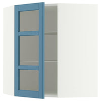 METOD corner wall cab w shelves/glass dr, white/Lerhyttan blue, 68x80 cm