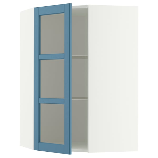 METOD corner wall cab w shelves/glass dr, white/Lerhyttan blue, 68x100 cm