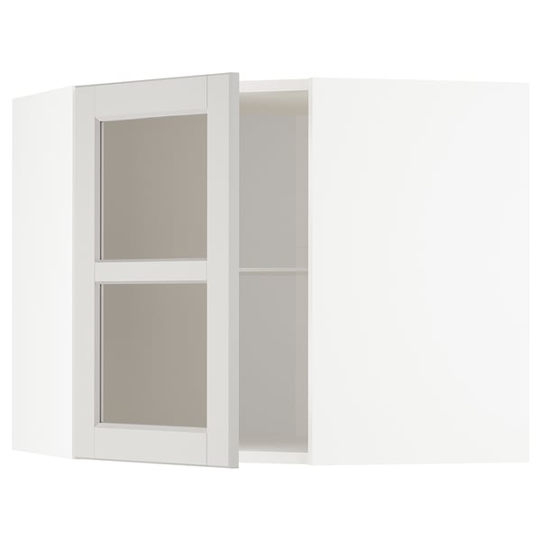 METOD corner wall cab w shelves/glass dr, white/Lerhyttan light grey, 68x60 cm