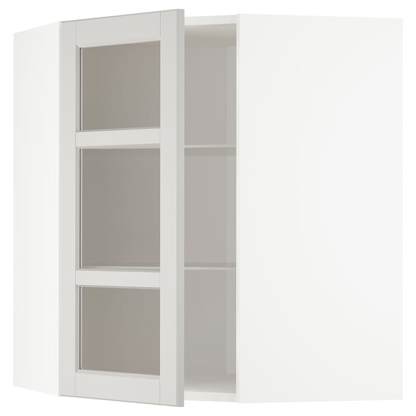 METOD corner wall cab w shelves/glass dr, white/Lerhyttan light grey, 68x80 cm