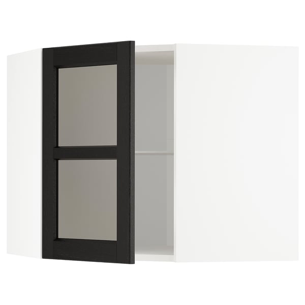 METOD corner wall cab w shelves/glass dr, white/Lerhyttan black stained, 68x60 cm