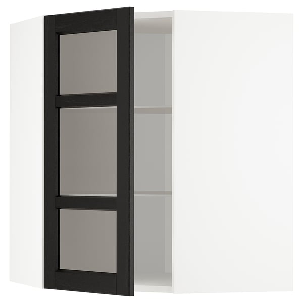METOD corner wall cab w shelves/glass dr, white/Lerhyttan black stained, 68x80 cm