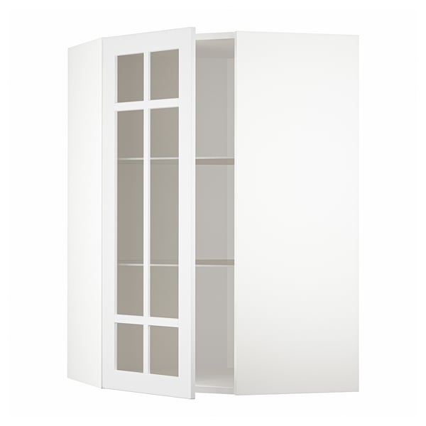 METOD corner wall cab w shelves/glass dr, white/Stensund white, 68x100 cm