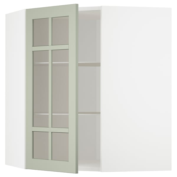 METOD corner wall cab w shelves/glass dr, white/Stensund light green, 68x80 cm