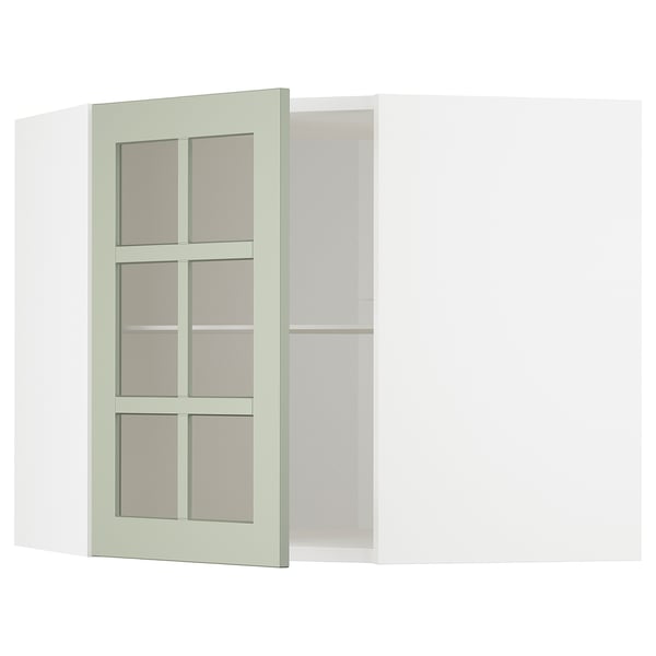 METOD corner wall cab w shelves/glass dr, white/Stensund light green, 68x60 cm