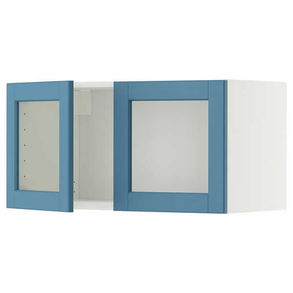 METOD wall cabinet with 2 glass doors, white/Lerhyttan blue, 80x40 cm