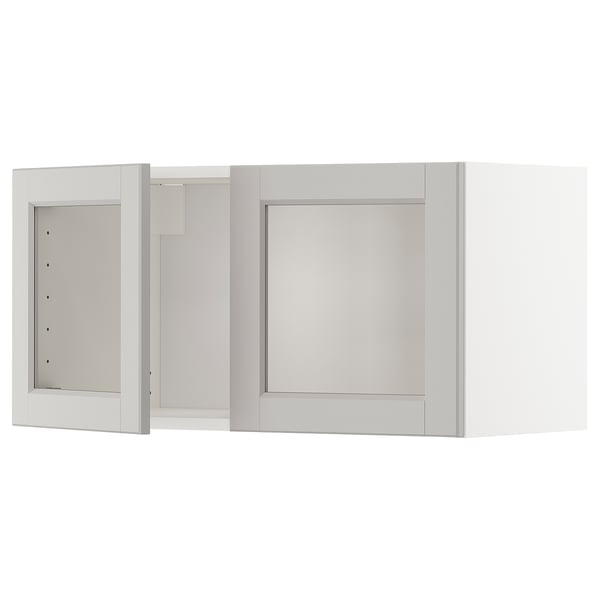 METOD wall cabinet with 2 glass doors, white/Lerhyttan light grey, 80x40 cm