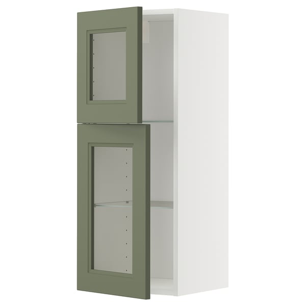 METOD wall cabinet w shelves/2 glass drs, white/Axstad grey-green, 40x100 cm