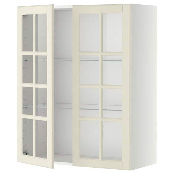 METOD wall cabinet w shelves/2 glass drs, white/Bodbyn off-white, 80x100 cm